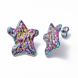 Ion Plating(IP) 304 Stainless Steel Textured Star Stud Earrings for Women, Rainbow Color, 21.5x19mm, Pin: 0.7mm(EJEW-F300-01MC)