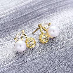 Cherry Brass Micro Pave Cubic Zirconia Stud Earrings, with ABS Plastic Pearl, Long-Lasting Plated, Lead Free & Cadmium Free, Real 18K Gold Plated, 10x11mm(EJEW-H158-08B-G)