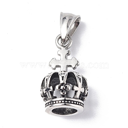 304 Stainless Steel Pendants, Crown with Cross Charm, Antique Silver, 25x14mm, Hole: 9x4.5mm(STAS-C065-14AS)