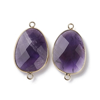 Natural Amethyst Connector Charms, with Light Gold Plated Brass Finding, Oval Link, Faceted, 38~38.5x22.5~23x7mm, Hole: 2mm