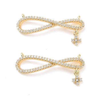 Infinity with Cross Brass Micro Pave Clear Cubic Zirconia Connector Charms, Nickel Free, Real 18K Gold Plated, 27.5x13x2.5mm, Hole: 0.9mm