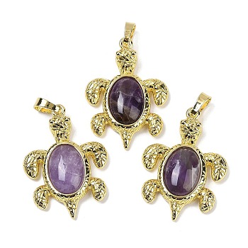 Natural Amethyst & Brass Pendants, Rack Plating, Cadmium Free & Lead Free, Sea Turtle Shaped, 38x27.5x7mm, Hole: 8x5mm