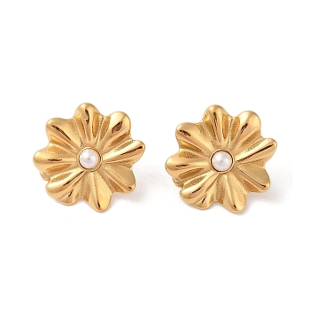 304 Stainless Steel Plastic Bead Stud Earrings, Flower, Golden, 22.7x23.5mm