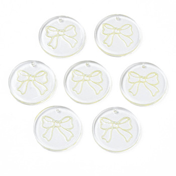 Transparent Resin Pendants, with Glitter Powder, Flat Round with Bowknot, Champagne Yellow, 24.5x2.5~3mm, Hole: 1.4mm