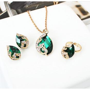 Alloy Glass Pendant Necklaces & Stud Earrings & Rings Sets, Golden, Teardrop with Peacock Patter, Dark Green, 470mm