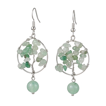 Natural Green Aventurine Dangle Earrings, with Brass Earring Hooks, Tree of Life, 57x23.5mm