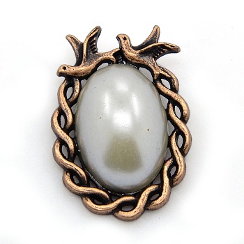 Nickel Free Red Copper Tone Alloy Pendants, with Acrylic Pearl Cabochons, Oval, Beige, 37x26x8mm, Hole: 2mm