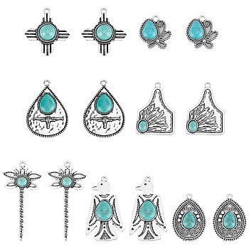 CHGCRAFT 14Pcs 7 Styles Synthetic Turquoise Pendant Settings for Enamel, with Antique Silver Plated Aolly Findings, Mix-shaped, 25~66.8x23.5~34x4.8~7mm, Hole: 2.3~3mm, 2pcs/style