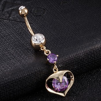 Piercing Jewelry, Brass Cubic Zirconia Navel Ring, Belly Rings, with Surgical Stainless Steel Bar, Cadmium Free & Lead Free, Real 18K Gold Plated, Heart, Purple, 50x15mm, Bar: 15 Gauge(1.5mm), Bar Length: 3/8"(10mm)