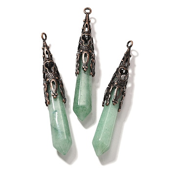 Natural Green Aventurine Pointed Big Pendants, Faceted Bullet Charms with Brass Findings, Red Copper, Cadmium Free & Lead Free, 77~84x12mm, Hole: 2.5mm