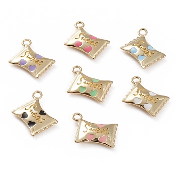 Golden Tone Brass Enamel Pendants, Candy with Word Sweet, Mixed Color, 16x13x3mm, Hole: 2mm