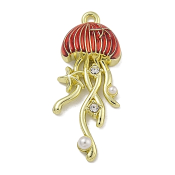 Rack Plating Alloy Enamel Pendants, with ABS Plastic Beads and Rhinestone, Cadmium Free & Nickel Free & Lead Free, Jellyfish, Red, 35x14.5x5.5mm, Hole: 1.6mm