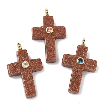 Synthetic Goldstone Pendants, Cross Charms with Brass Micro Pave Cubic Zirconia(Random Color) Findings, Golden, 30x17.5~18x6.5~7mm, Hole: 2.7mm