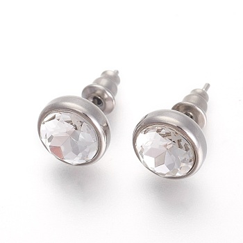 304 Stainless Steel Stud Earrings, with Rhinestone, Flat Round, Crystal, 10x6mm, Pin: 0.9mm