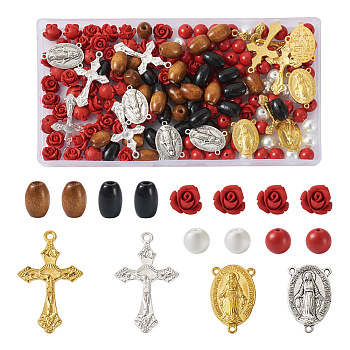 DIY Rosary Jewelry Making Finding Kits, Including Cinnabar Rose & Wood & Glass Pearl Beads, Oval & Corss Alloy Pendants & Link Connectors, Red, 180Pcs/box