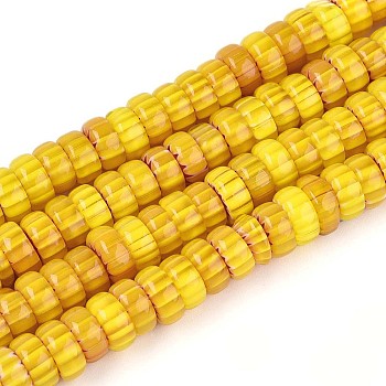 Handmade Millefiori Glass Beads Strands, Barrel, Gold, 7.5~9x4mm, Hole: 1mm, about 95~97pcs/strand, 14.76~14.96''(37.5~38cm)