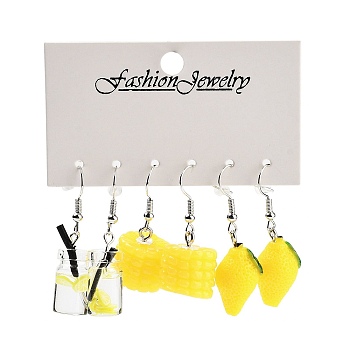 3 Styles Summer Corn & Lemon & Drink Acrylic Dangle Earring Sets for Women, Gold, 35.5~42x10~16mm, 3 pairs/set