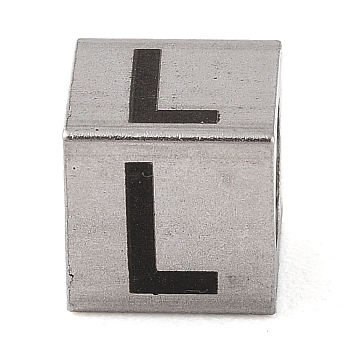 Tarnish Resistant 201 Stainless Steel European Beads, Large Hole Beads, Cube with English Letter, Stainless Steel Color, Letter L, 7x7x7mm, Hole: 5mm