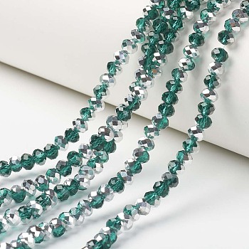 Electroplate Transparent Glass Beads Strands, Half Silver Plated, Faceted, Rondelle, Teal, 3x2mm, Hole: 0.8mm, about 150~155pcs/strand, 15~16 inch(38~40cm)