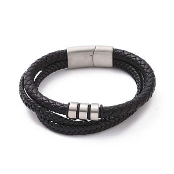 Black Microfiber Braided Cord Triple-strand Bracelet with 304 Stainless Steel Magnetic Clasps, Column Beaded Punk Wristband for Men Women, Stainless Steel Color, 8-5/8 inch(22cm)