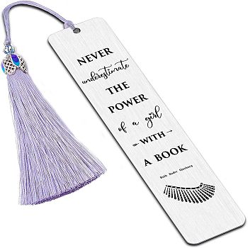 Fingerinspire 2Pcs 2 Style Stainless Steel Bookmarks, Rectangle, with Nylon Tassel Big Pendant Decorations, Stainless Steel Color, 80~125x10.5~26mm, 1pc/style