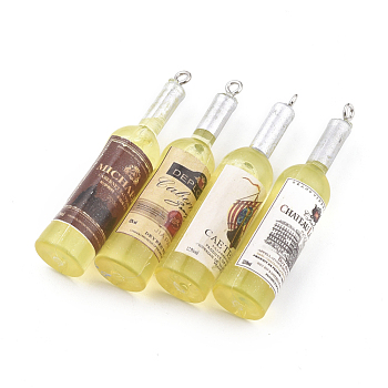 Resin Big Pendants, with Platinum Plated Iron Loop, Imitation Wine Bottle, Champagne Yellow, 52x11.5~12.5mm, Hole: 1.5mm