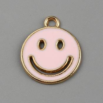 Alloy Enamel Pendants, Light Gold, Flat Round with Smiling Face Pattern Charm, Misty Rose, 19x16x1mm, Hole: 2mm