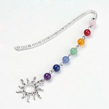 Tibetan Style Alloy Pendants Bookmarks, Sun, with Mixed Gemstone Beads, Chakra Theme, Antique Silver, 83.5x13x1.5mm