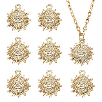 20Pcs Alloy Pendants, with Crystal Rhinestone, Sun with Eye, Real 18K Gold Plated, 16.5x15x3mm, Hole: 1.5mm