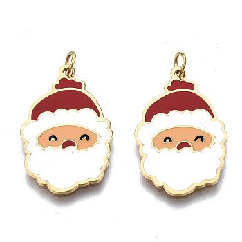 316 Surgical Stainless Steel Enamel Pendants, with Jump Rings, Santa Claus, White and Red, Real 14K Gold Plated, 22x14x1mm, Jump Ring: 3.8x0.6mm, 2.6mm inner diameter