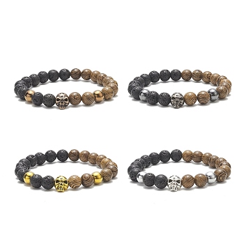 Natural Wenge Wood & Lava Rock Beaded Stretch Bracelet Sets with Synthetic Hematite Beads, Alloy Skull Head Bracelet, Mixed Color, Inner Diameter: 2-3/8 inch(6cm), 4pcs/set