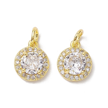 Brass Micro Pave Clear Cubic Zirconia Charms, with Jump Ring, Flat Round, Real 18K Gold Plated, 11.5x9.5x4mm, Hole: 3.4mm