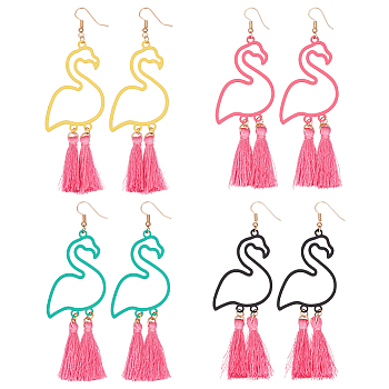 4 Pairs 4 Colors Alloy Flamingo Chandelier Earrings, Tassel Earrings, Mixed Color, 102x32mm, 1 pair/color