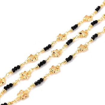 Handmade Brass Beaded Chains, with Glass Butterfly Link & Faceted Beads, Long-Lasting Plated, Soldered, with Spool, Golden, Black, Link: 11x7x2mm, 2.5x3mm, 1.5x2.5mm