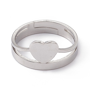 201 Stainless Steel Heart Adjustable Ring for Women, Stainless Steel Color, US Size 6 1/4(16.7mm)