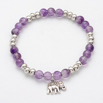 Natural Amethyst Beaded Elephant Charm Stretch Bracelets, with Antique Silver Alloy Findings, 53mm