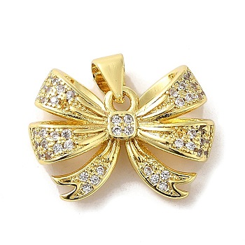 Brass Micro Pave Clear Cubic Zirconia Pendants, Bowknot, Real 16K Gold Plated, 15.5x20x5mm, Hole: 4x3mm
