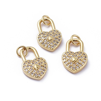 Brass Micro Pave Cubic Zirconia Pendants, with Jump Rings, Long-Lasting Plated, Heart Lock, for Valentine's Day, Clear, Golden, 16x10x3mm, Hole: 3mm