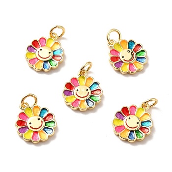 Rack Plating Brass Pendants, Cadmium Free & Lead Free & Nickle Free, with Enamel and Jump Ring, Real 18K Gold Plated, Flower with Smiling Face, Colorful, 14x12x1.5mm, Jump Ring: 5x0.6mm, Inner Diameter: 3mm