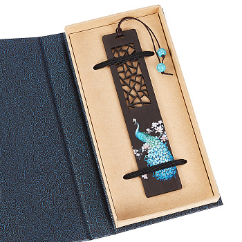 Rectangle Wood Bookmark, Peacock Pattern Bookmark, Resin Imitation Turquoise Bead Pendant Book Marker, with Gift Box, Coffee, 220mm