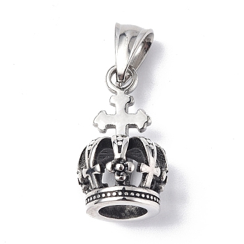 304 Stainless Steel Pendants, Crown with Cross Charm, Antique Silver, 25x14mm, Hole: 9x4.5mm