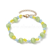 Cat Eye Round Beaded Bracelets, Flower Glass Seed Beads Bracelets for Women, Yellow Green, 7-7/8 inch(20cm)(BJEW-JB10232)