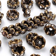Rhinestone Spacer Beads, Copper, Grade A, Flat Round, Antique Bronze Metal Color, Clear, Size: about 8mm in diameter, 4mm thick, hole: 1.5mm(X-RB-H035-26)