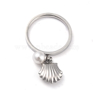 Dual-use Items, 304 Stainless Steel Finger Rings or Pendants, with Plastic Round Beads, Shell, White, Stainless Steel Color, US Size 5~9(15.7~18.9mm)(RJEW-O045-10-P)