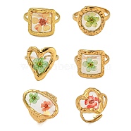 Brass Adjustable Rings for Women, Cadmium Free & Lead Free, with Epoxy Resin & Dried Flower inside, Real 18K Gold Plated, Mixed Shapes, 15~26.5mm, Inner Diameter: 17mm(RJEW-G265-10G)