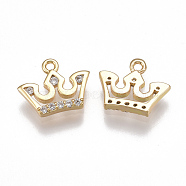 Brass Cubic Zirconia Charms, Crown, Clear, Nickel Free, Real 18K Gold Plated, 10x12x2mm, Hole: 1mm(KK-T038-196G)