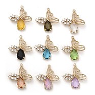 Glass with Golden Brass Pendants, Butterfly with Teardrop Charms, Mixed Color, 30.5x30x5.8mm, Hole: 1.6mm(GLAA-G111-06G)