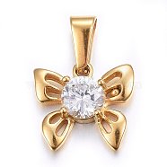 304 Stainless Steel Charms, with Cubic Zirconia, Bowknot, Clear, Golden, 14x15x4mm, Hole: 7x3mm(STAS-P216-35G)