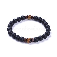 Natural Black Agate(Dyed) Bead Stretch Bracelets, with Natural Tiger Eye Beads and Wood Beads, Frosted, 2-1/8 inch(5.5cm)(BJEW-JB04295-04)