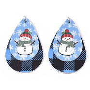 Christmas Theme PU Leather Big Pendants, with Platinum Tone Iron Jump Ring, teardrop, with Snowman, Cornflower Blue, 56.5x37x3mm, Hole: 5mm(FIND-R080-04)